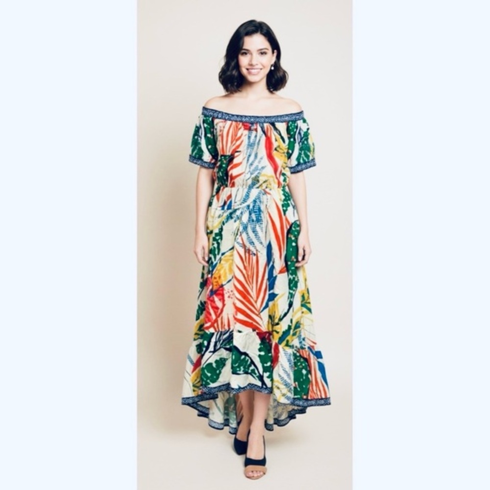 [Flying Tomato] Tropical Panel Print On/Off Shoulder High-Low Tiered Sash Dress